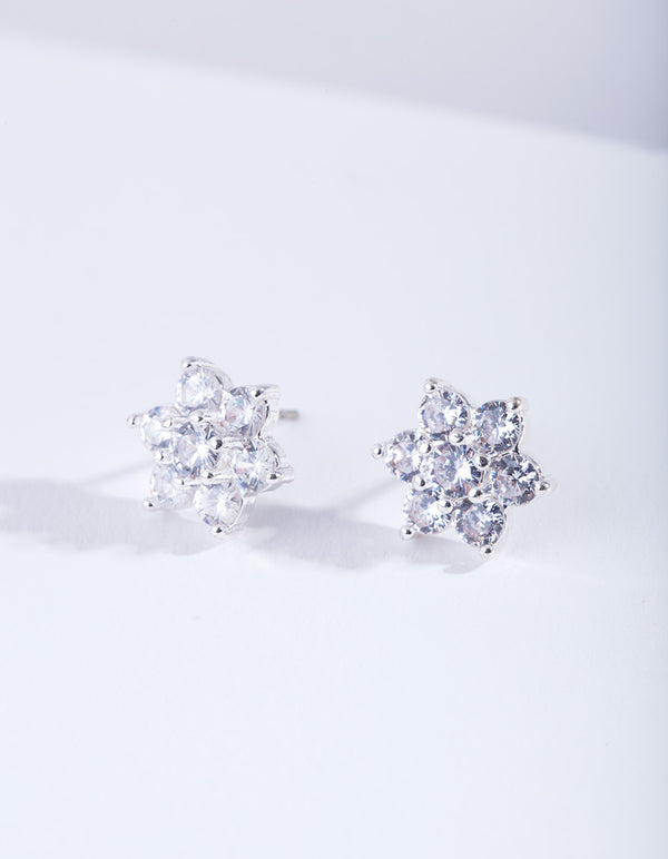 Silver Cubic ZIrconia Flower Earrings