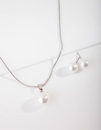 Rhodium Large Pearl Stud Necklace Earrings Set - link has visual effect only