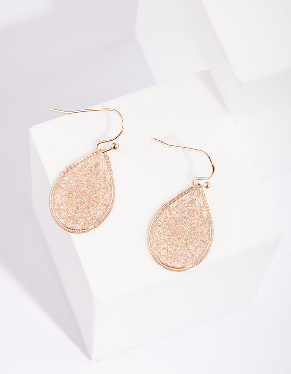 Rose Gold Filigree Lace Tear Drop Earrings