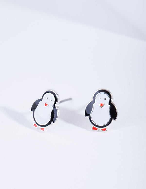 Black White Rhodium Penguin Stud Earrings