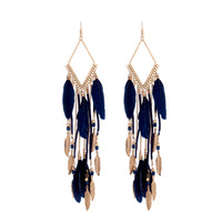 Antique Gold Blue Tassel Diamante Chain Feather Earrings - link has visual effect only