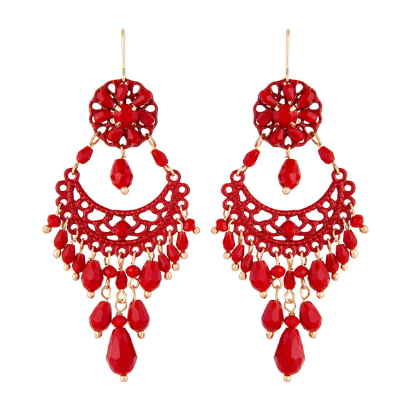 Red Beaded Chandelier Drop Earrings