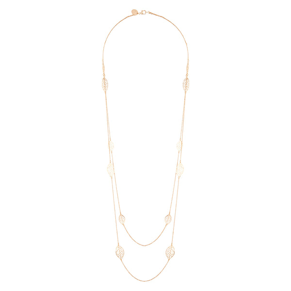 GOLD FILIGREE LEAF DOUBLE ROW LARIAT LECKLACE