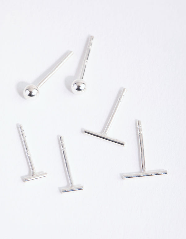 Sterling Silver Bar Polished Ball Earrings Trio