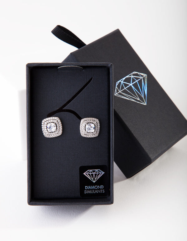 Silver Diamond Simulant Square Stud Earrings