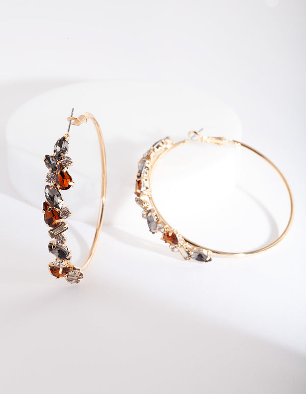 Gold Neutral Stone Cluster Hoop Earrings