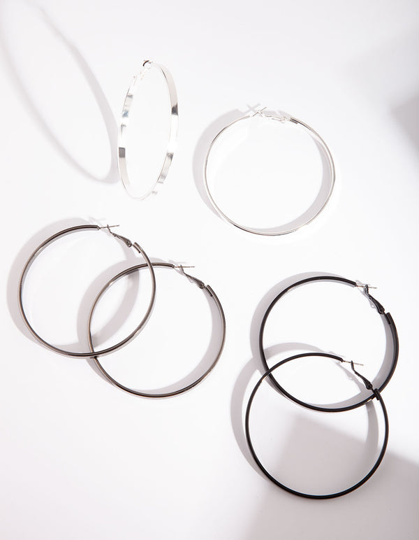 Silver Black Chunky Hoop Earring Pack