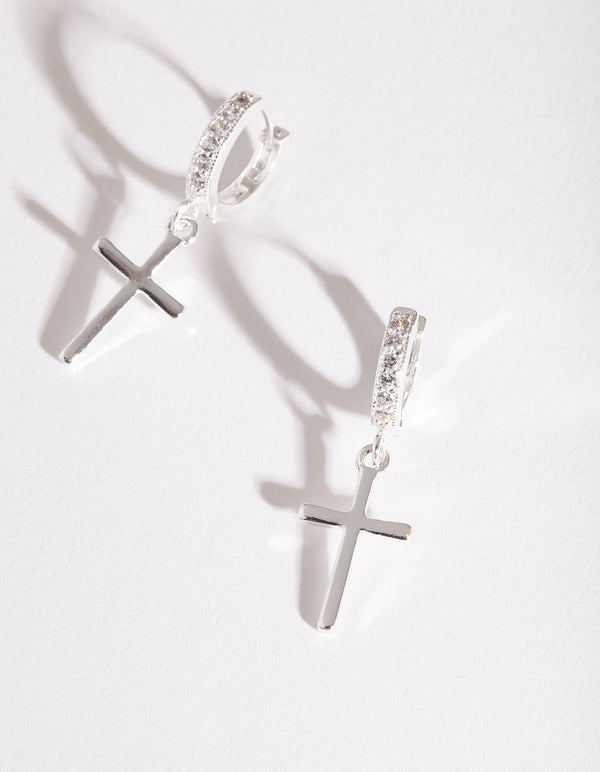 Silver Cross Huggie Earrings