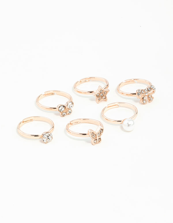 Kids Rose Gold Diamante Pearl Flower & Bow 6-Pack