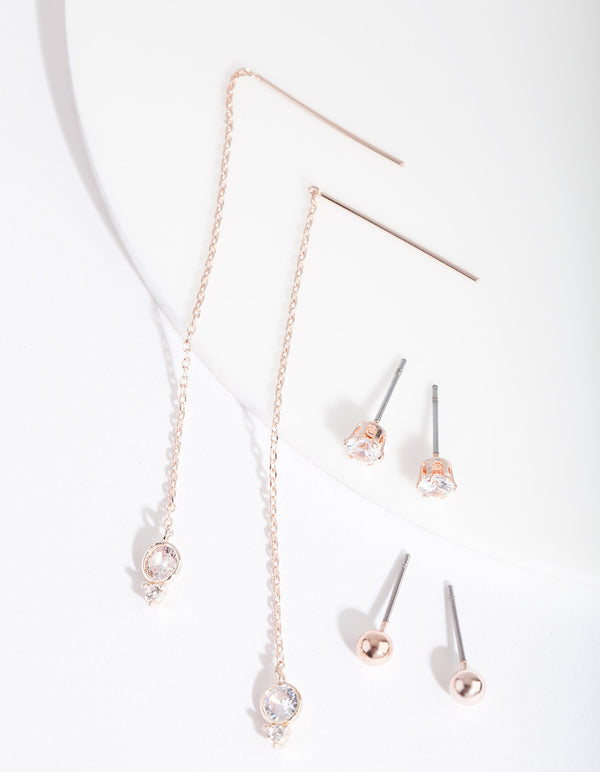 Rose Gold Cubic Zirconia Stud & Thread Earring Pack