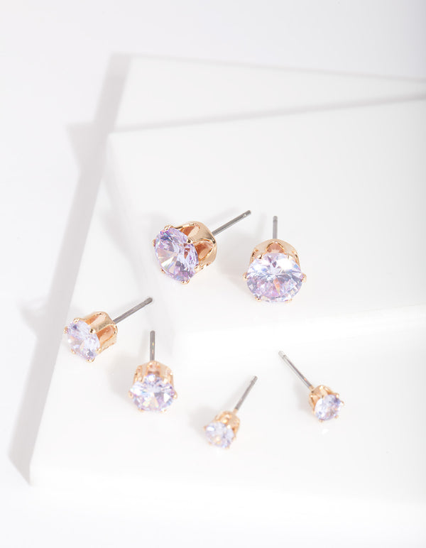 Gold Purple Cubic Zirconia Graduating Stud Earring Pack