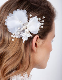 Silver White Fabric Flower Hair Clip - link has visual effect only