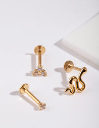 Gold Surgical Steel Diamante Snake Flat Back Earring Pack - link has visual effect only