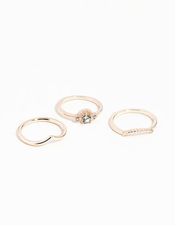 Rose Gold Diamante 3 Band Ring Stack