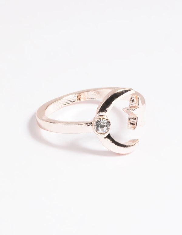 Rose Gold Open Moon Star Ring