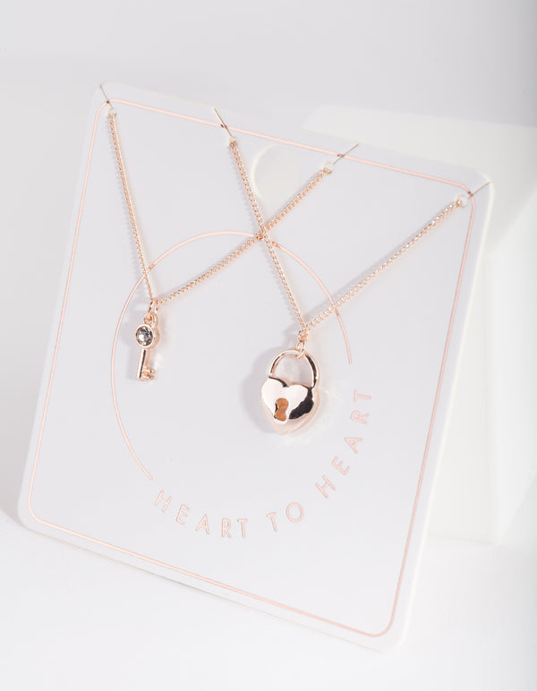 Rose Gold Lock Key Necklace Duo