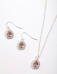 Silver Diamond Simulants Jewel Teardrop Stone Necklace & Earrings Set - link has visual effect only