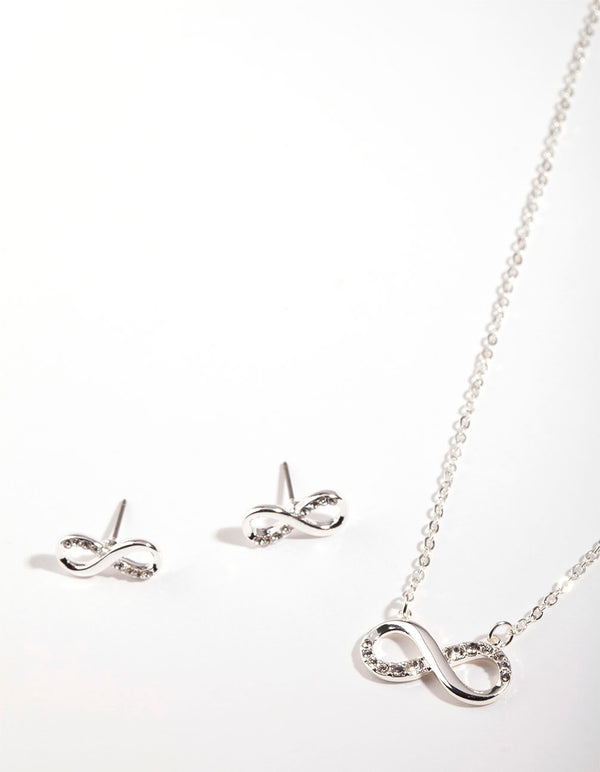 Silver Diamond Simulant Infinity Necklace & Earrings Set