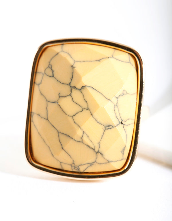 Gold Square Yellow Marble Stone Ring