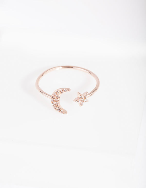 Rose Gold Cubic Zirconia Moon & Star Ring