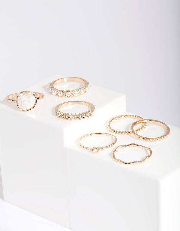 Gold Pearl & Diamante Mix Ring 7-Pack