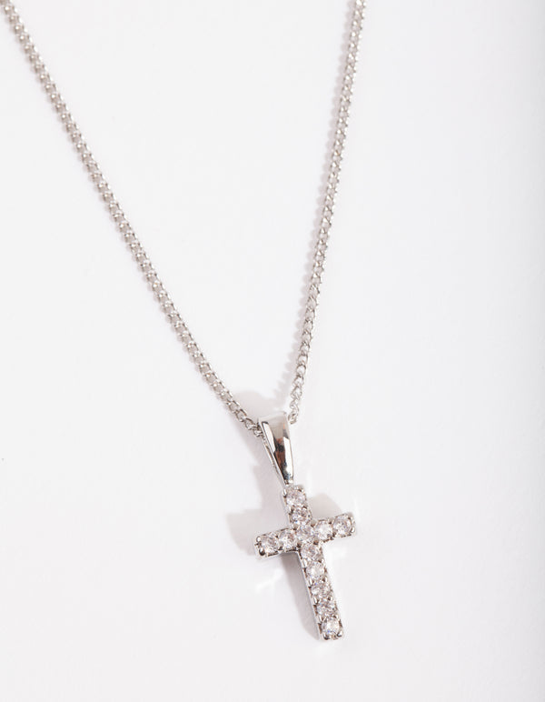 Silver Diamond Simulant Pave Cross Necklace