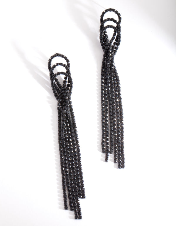 Black Triple Loop Diamante Tassel Earrings