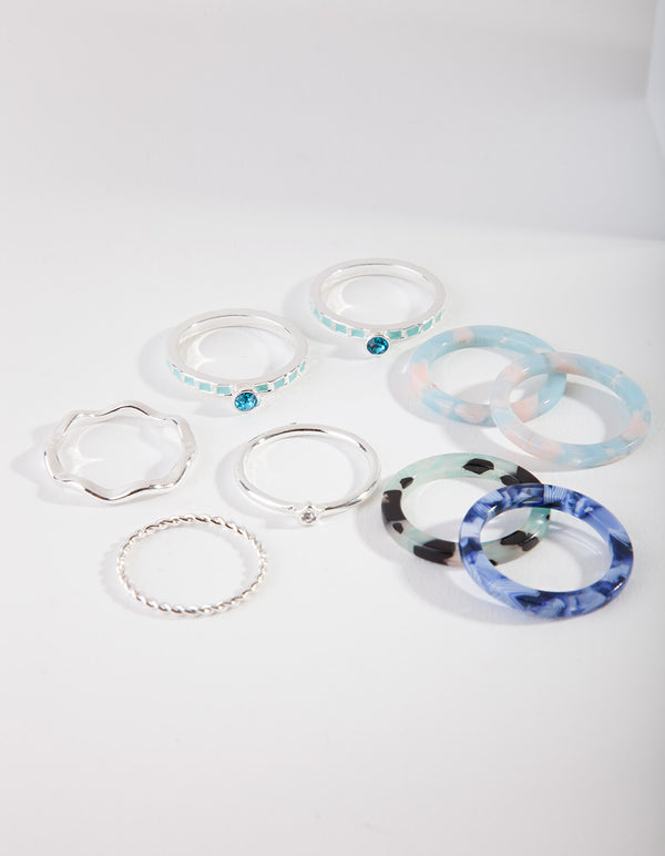 Silver Blue Marble Ring 8-Pack