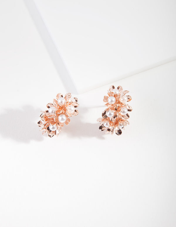 Rose Gold Flower Cluster Pearl Earrings