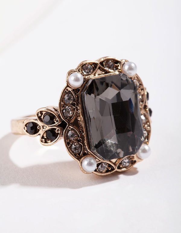 Gold Diamante Black Stone Ring