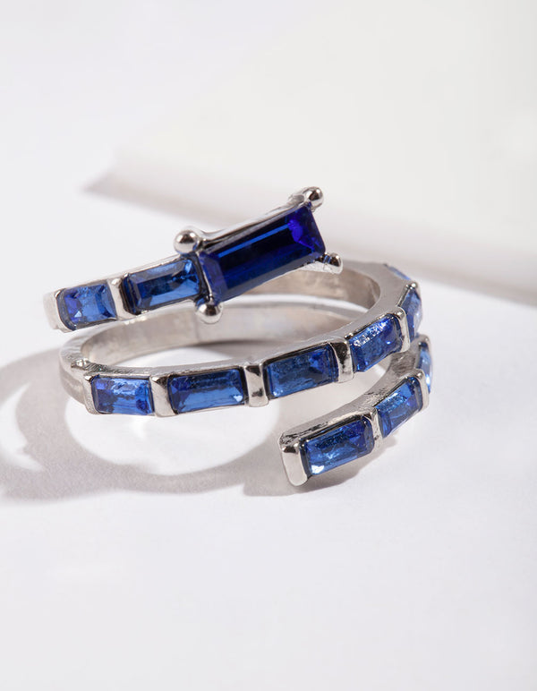 Rhodium Blue Gem Baguette Wrap Band Ring