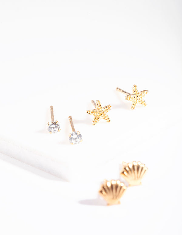 Gold Plated Sterling Silver Seaside Stud Earring Pack