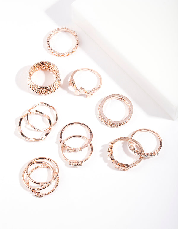 Rose Gold Diamante Leaf Ring 12-Pack