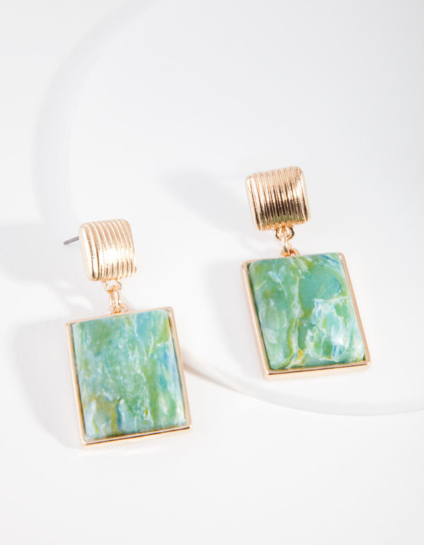 Gold Square Multi Coloured Drop Earrings