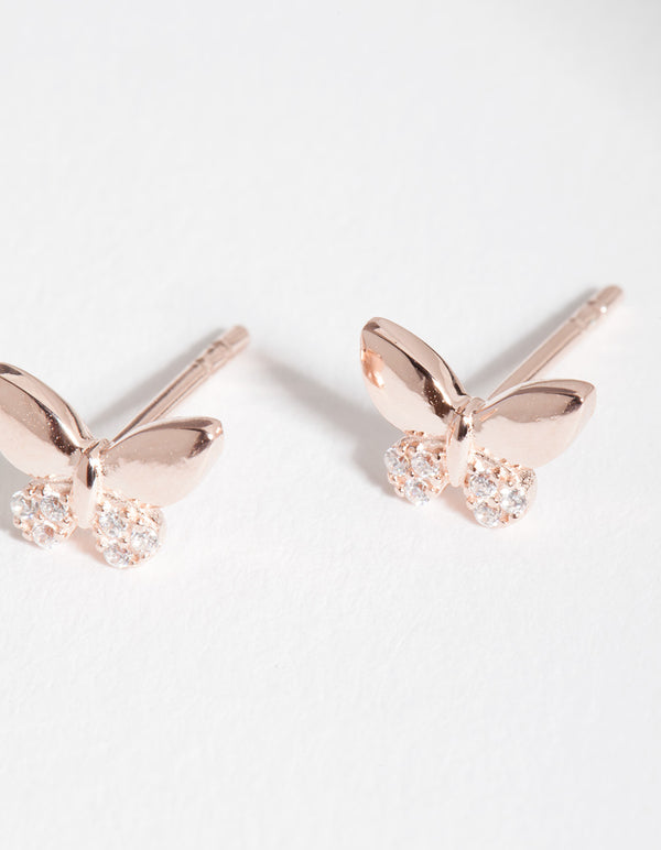 Rose Gold Plated Sterling Silver Half Pave Butterfly Stud Earrings