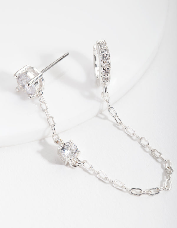 Silver Stud and Chain Diamante Huggie Earrings