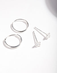 Sterling Silver Cubic Zirconia Princess Stud Hoop Earring Pack - link has visual effect only