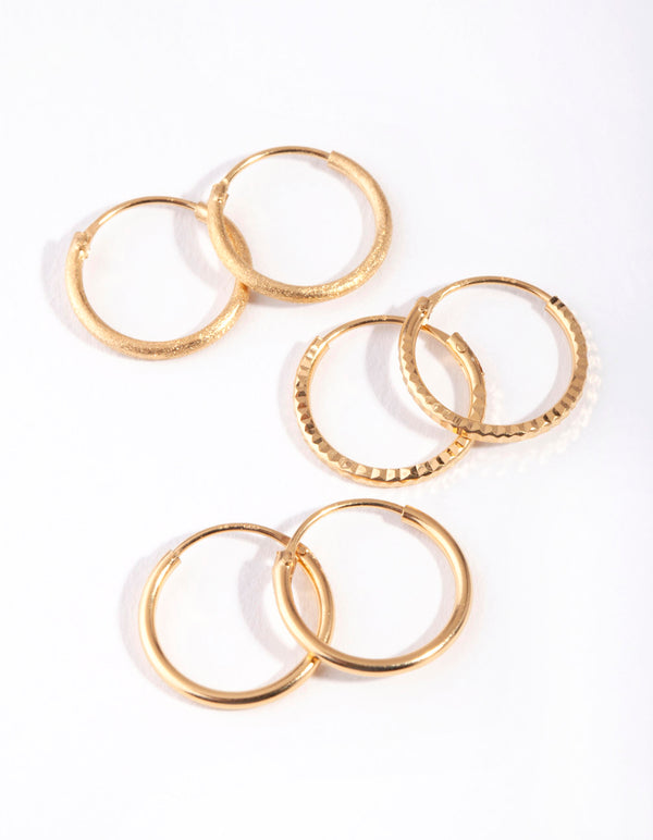 Gold Plated Sterling Silver Medium Textured Hoop Pack Earring