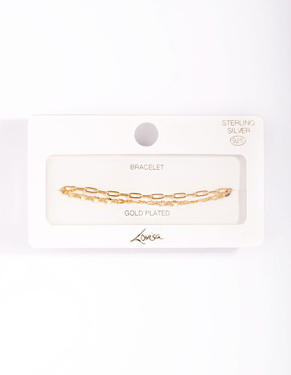 Gold Plated Sterling Silver Mixed Chain Double Row Bracelet