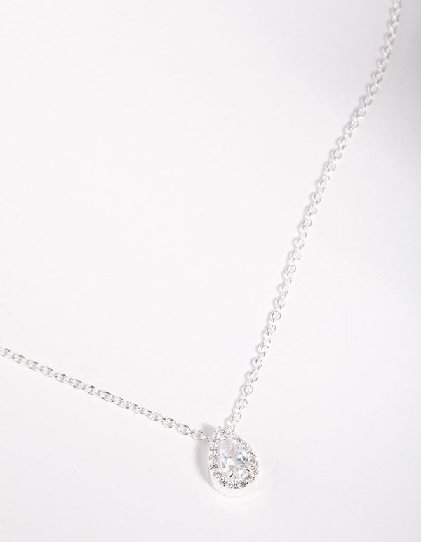 Sterling Silver Cubic Zirconia Pear Halo Necklace