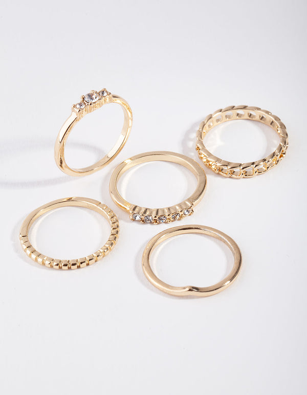 Gold Diamante & Chain Ring 5-Pack