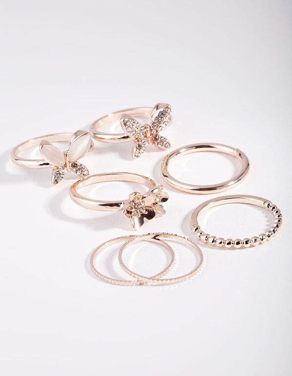 Rose Gold Butterfly & Flower Rings 7-Pack