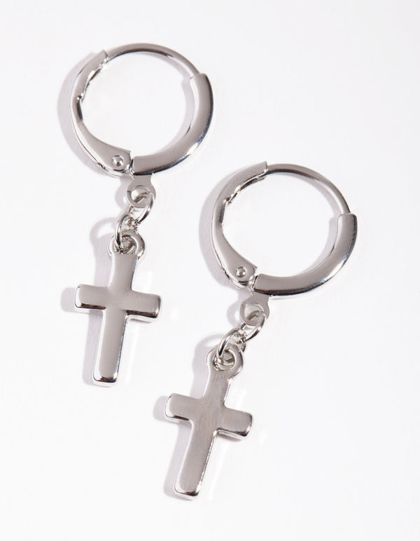 Silver Thick Cross Huggie Earrings