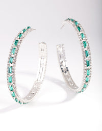 Rhodium Green Baguette Stone Centre Hoop Earrings - link has visual effect only