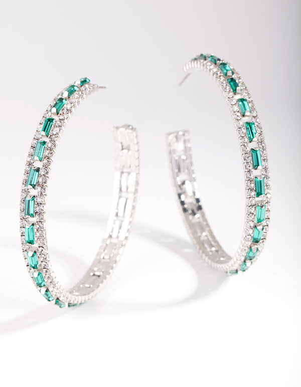 Rhodium Green Baguette Stone Centre Hoop Earrings