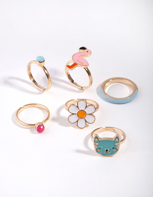 Kids Gold Cat & Flower Ring 6-Pack