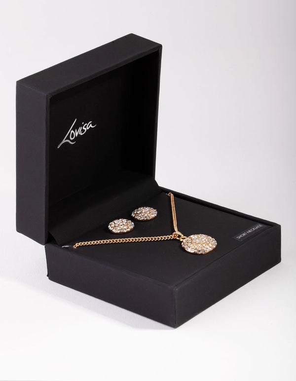 Gold Pave Circle Necklace & Earrings