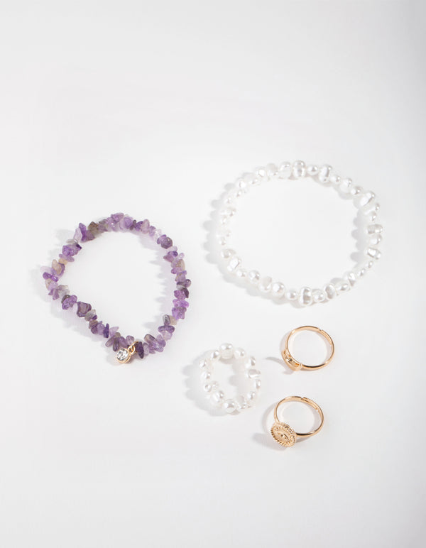 Gold Pearl Ring & Bracelet Pack