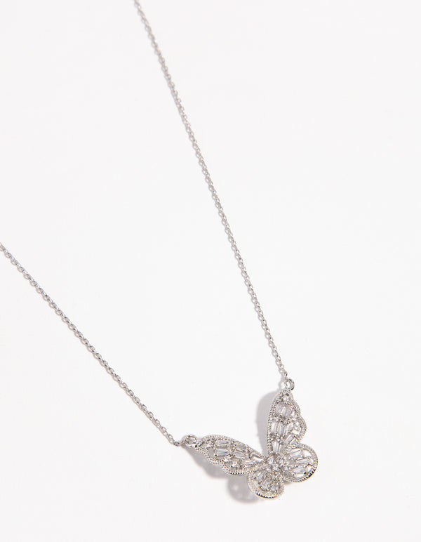 Rhodium Cubic Zirconia Baguette Butterfly Necklace