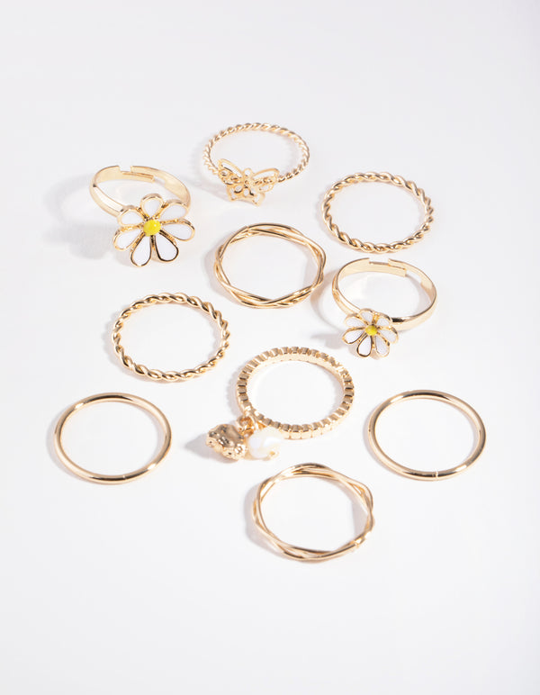 Gold Daisy Enamel Ring 8-Pack